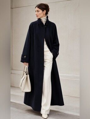 Navy Wool Cashmere Maxi Coat Oversized Long Full Length Quiet Luxury